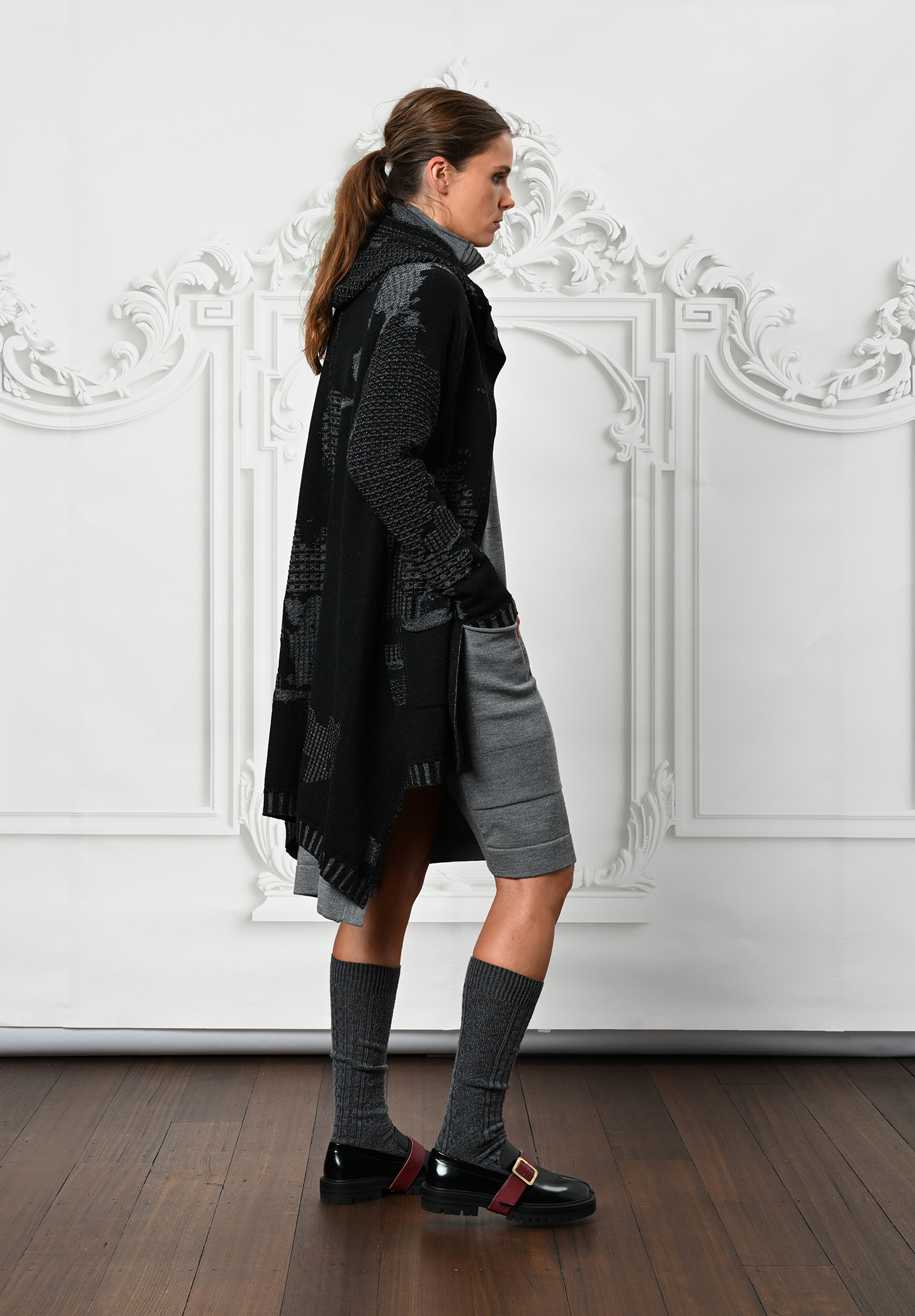 MM SÖHN  - CONTINUUM COAT FUNNEL NECK LONG - BLACK | ZINC MIX