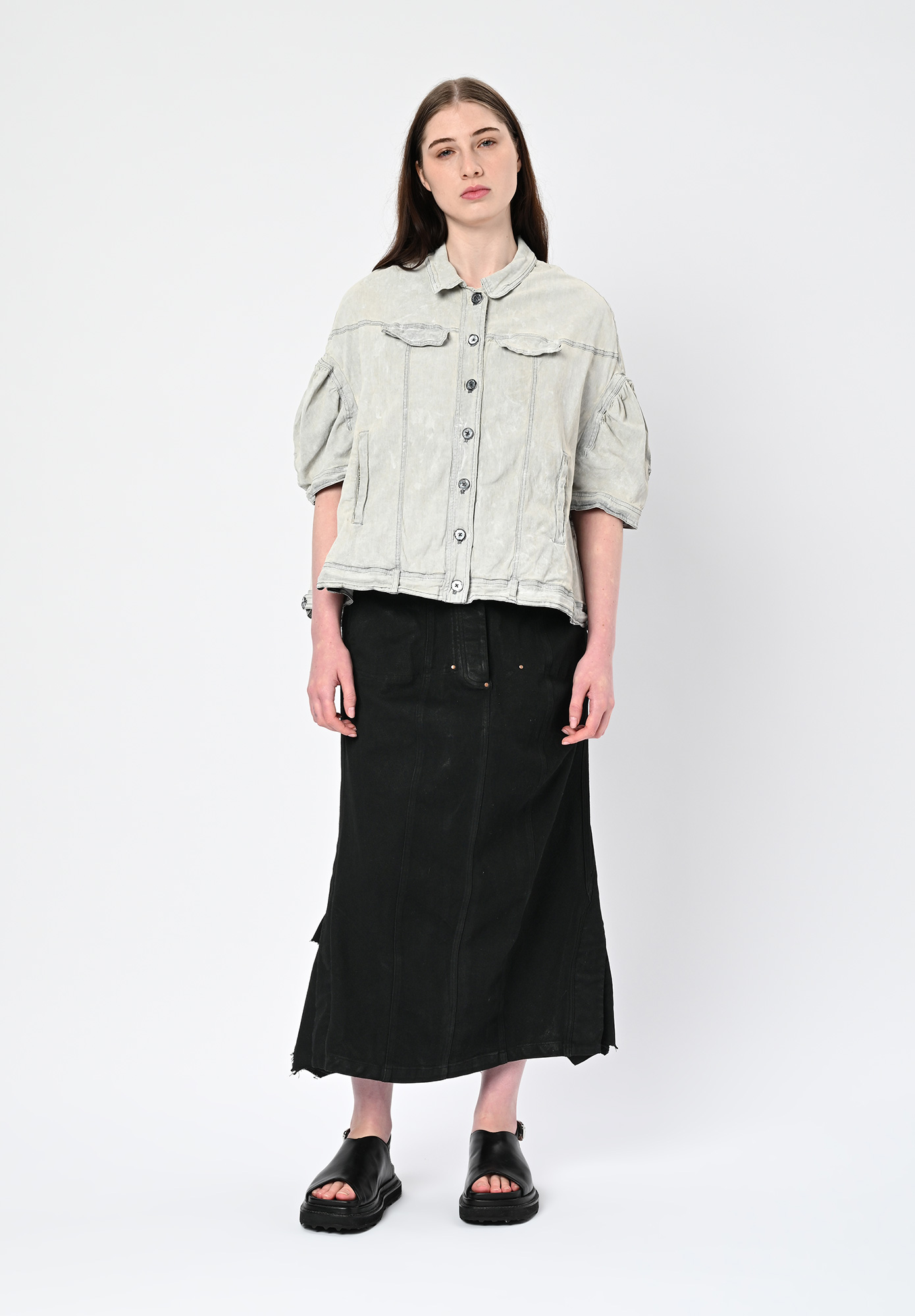 STUDIO RUNDHOLZ | DIP - SKIRT WITH RUFFLE LACE INSERTS IN BACK - BLACK GLOSS