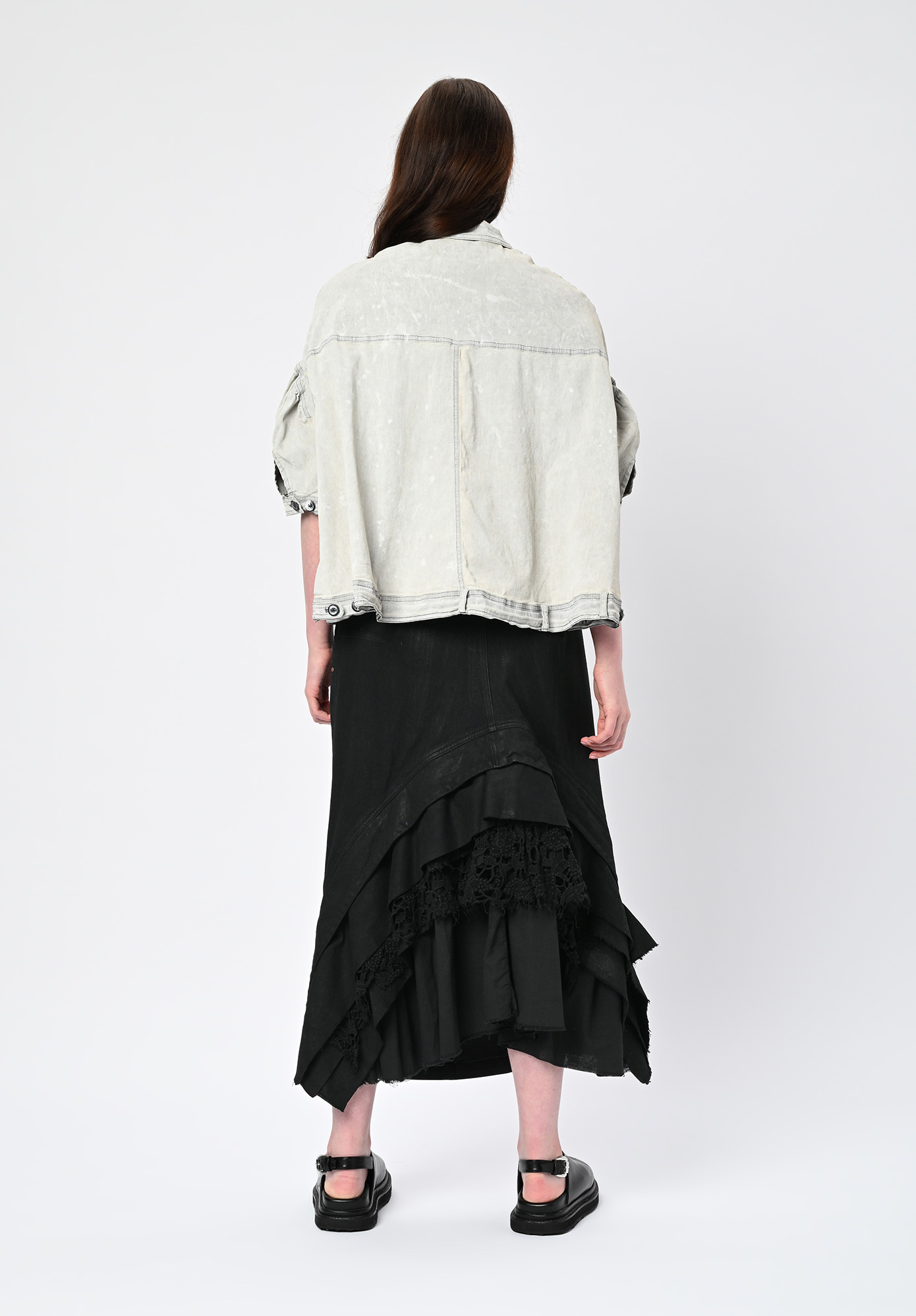 STUDIO RUNDHOLZ | DIP - SKIRT WITH RUFFLE LACE INSERTS IN BACK - BLACK GLOSS