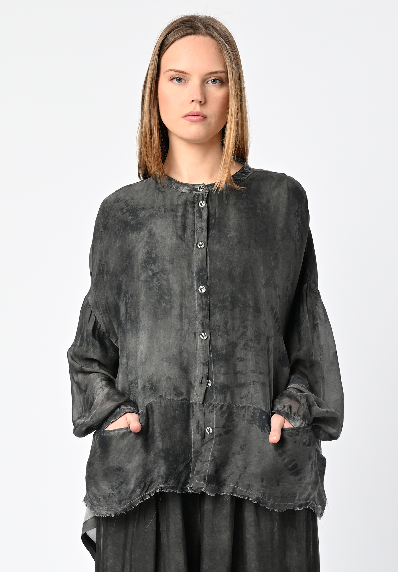SANCTAMUERTE - SHIRT JACKET PRINT HIP LENGTH WITH FRONT INSERT POCKETS - ASH GREY SANCTAMUERTE - SHIRT JACKET PRINT HIP LENGTH WITH FRONT INSERT POCKETS - ASH GREY