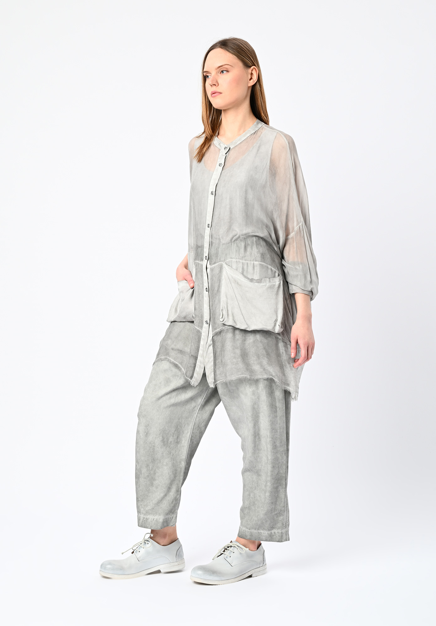 SANCTAMUERTE - HIP LENGTH PRINTED RELAXED SHIRT JACKET WITH FRONT POUCH POCKETS - SILVER PEARL PRINT