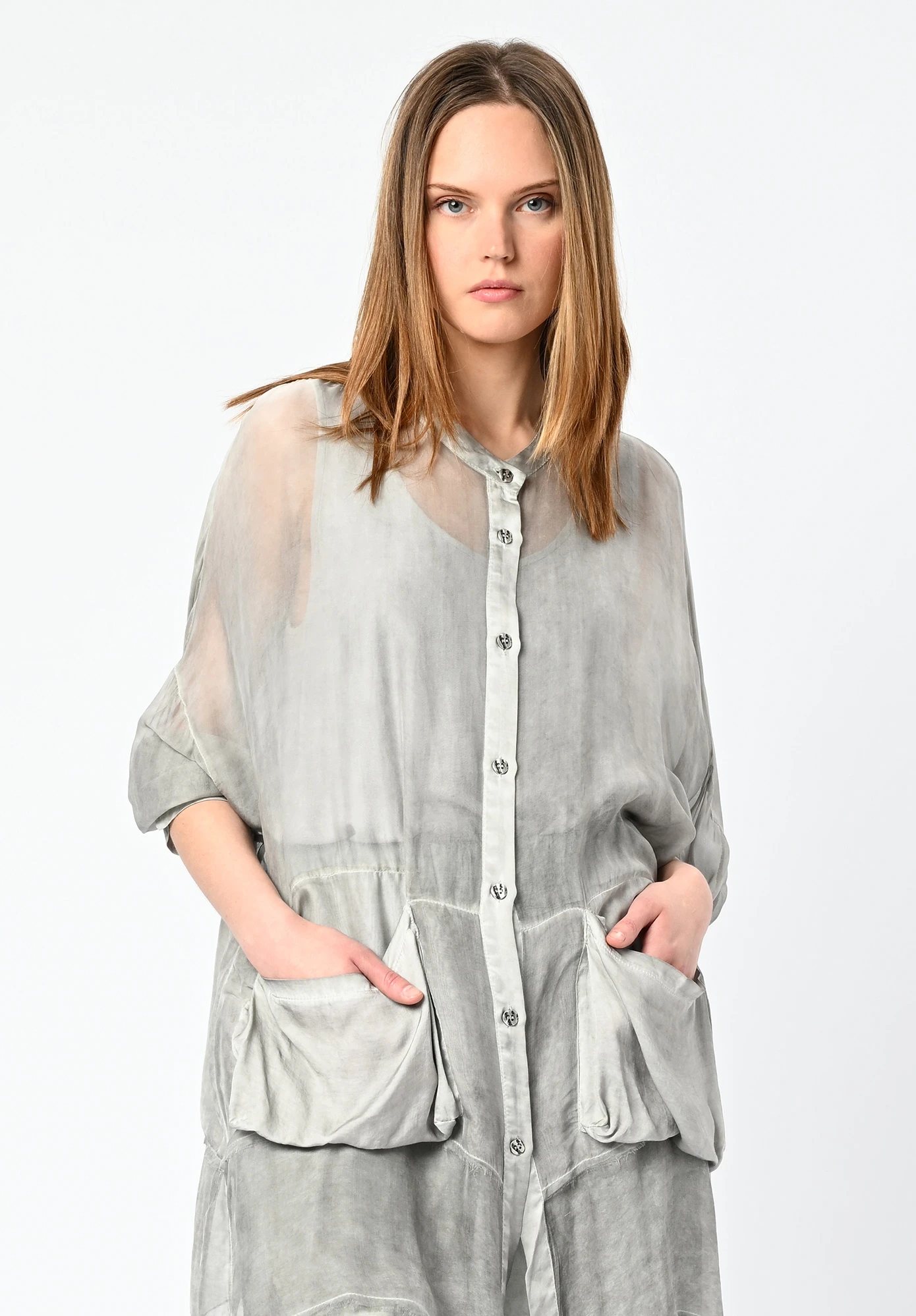 SANCTAMUERTE - HIP LENGTH PRINTED RELAXED SHIRT JACKET WITH FRONT POUCH POCKETS - SILVER PEARL PRINT