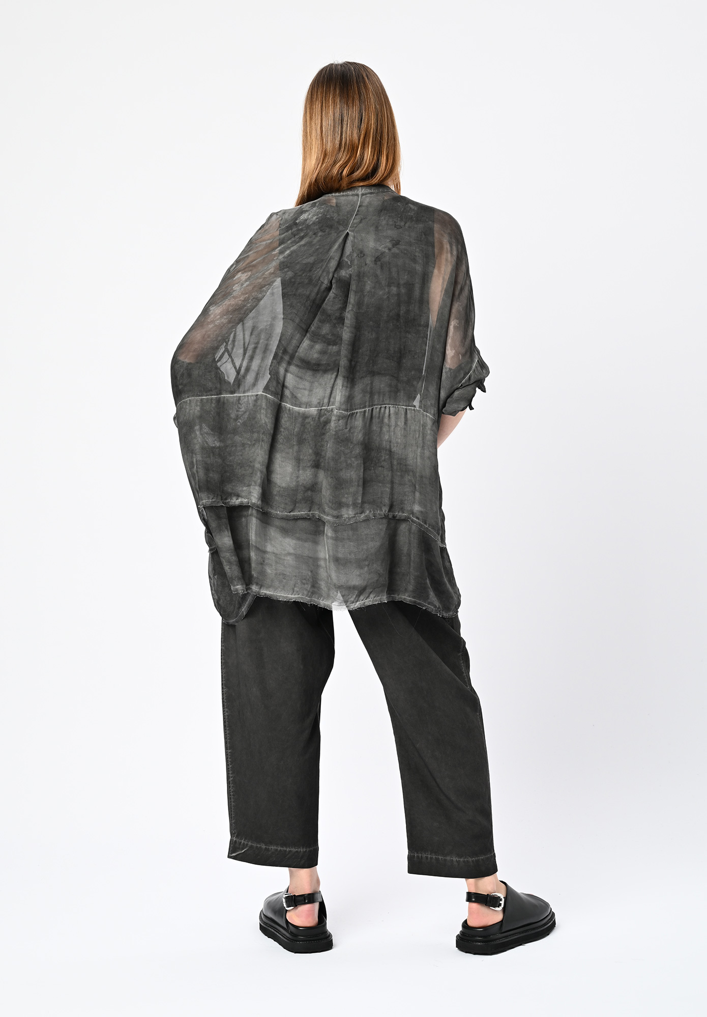 SANCTAMUERTE - HIP LENGTH PRINTED RELAXED SHIRT JACKET WITH FRONT POUCH POCKETS - ASH GREY SANCTAMUERTE - HIP LENGTH PRINTED RELAXED SHIRT JACKET WITH FRONT POUCH POCKETS - ASH GREY