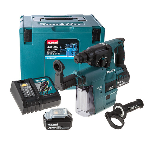 Makita DHR242RMJV 18V li-ion SDS Plus Brushless 3 Mode Rotary Hammer Drill 24mm + DX01 Dust Extraction System 2 x 4Ah Batteries from Toolden