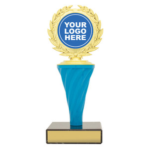 Spiral trophies in blue and pink are perfect to show off the custom logo representing your event or competition.