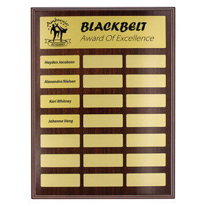 The Directory Gold Plaque is a classic and practical award designed for ongoing recognition and perpetual displays. Featuring a polished gold-tone plate mounted on a quality timber-look board, this plaque provides ample space for multiple name plates, making it ideal for honour rolls, directories, and annual award recipients.