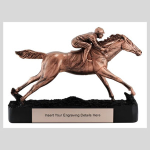 The Bronze Horse Racing Trophy is a distinguished award that celebrates excellence in horse racing. Featuring a detailed horse and jockey design with a rich bronze finish, this trophy embodies the spirit of competition and the beauty of the sport. Its sturdy base provides ample space for personalised engraving, making it a meaningful tribute to remarkable achievements.