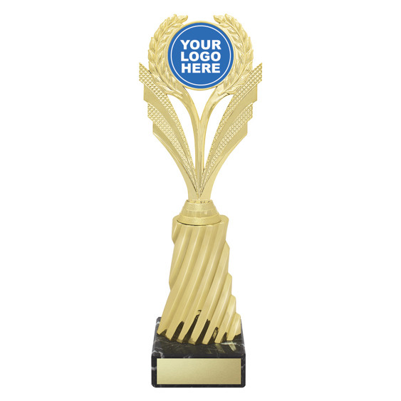 Simple yet effective trophy to showcase your custom logo. The target holder sits atop an attractive spiral riser which is finished in classic trophy gold.