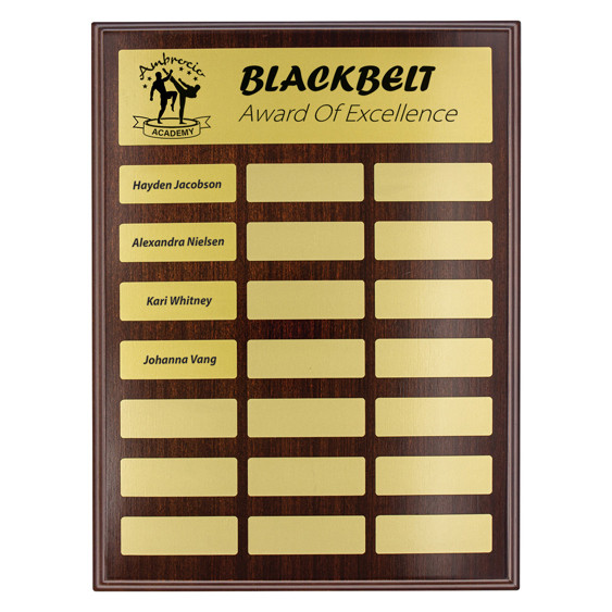 The Directory Gold Plaque is a classic and practical award designed for ongoing recognition and perpetual displays. Featuring a polished gold-tone plate mounted on a quality timber-look board, this plaque provides ample space for multiple name plates, making it ideal for honour rolls, directories, and annual award recipients.
