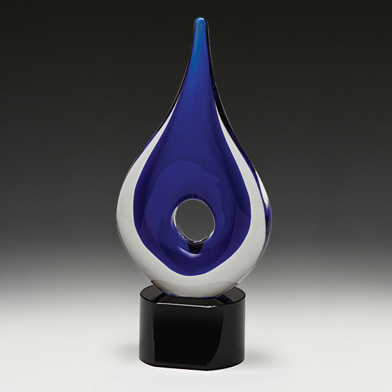 Majestic art glass award, the Plume features different hues of blue, gravity defying design and premium crystal base for your engraving.