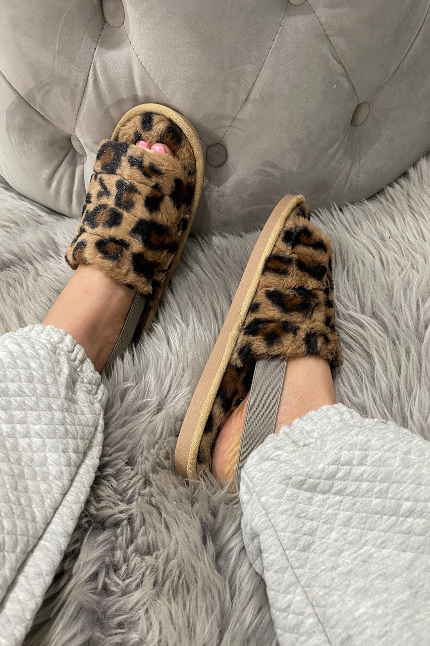 Leopard Kensington Fluffy Sliders With Elasticated Heel Strap