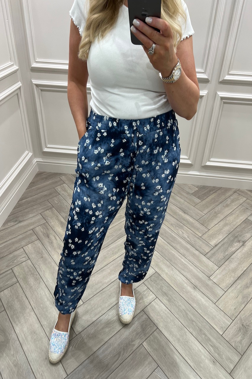 Dark Blue Floral Trousers - Want That Trend