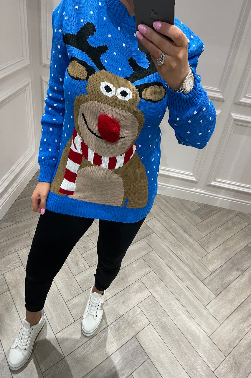 Blue Reindeer Pom Pom Nose Christmas 