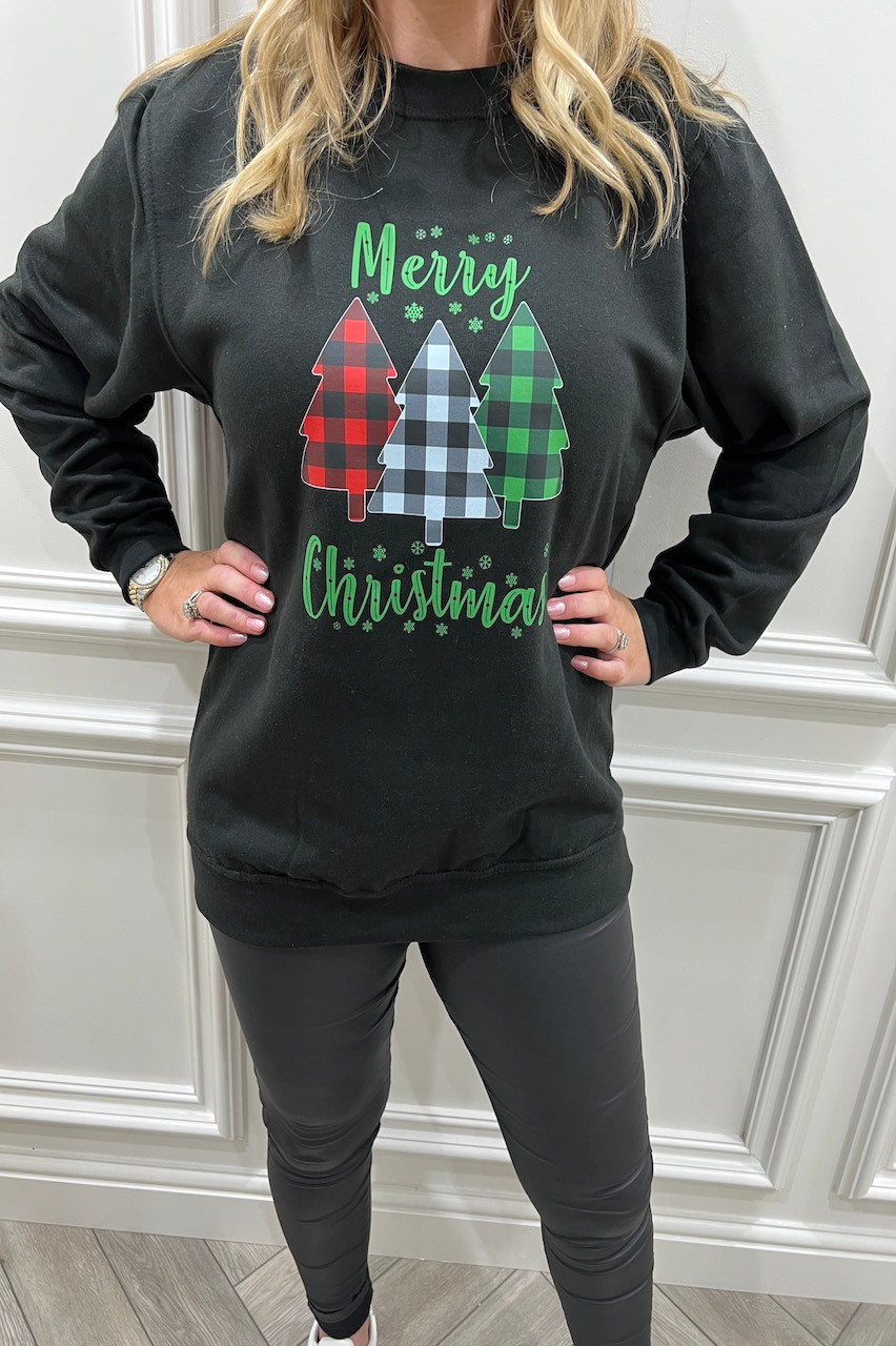 Women's Christmas Sweatshirt - Plaid Holiday Pullover With Christmas Tree Print - Long Sleeve Lightweight Top, Green, Large