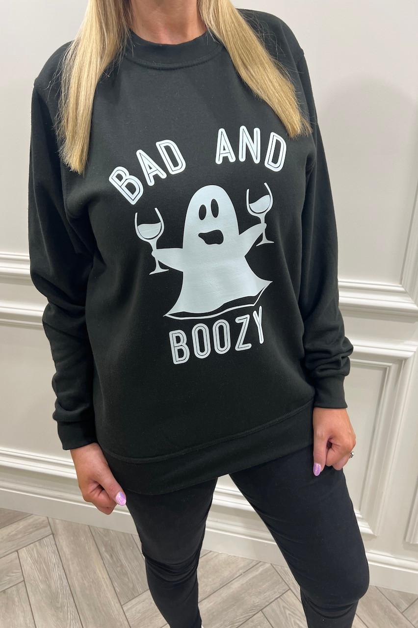 Black 'Bad and boozy' Halloween Sweatshirt Want That Trend