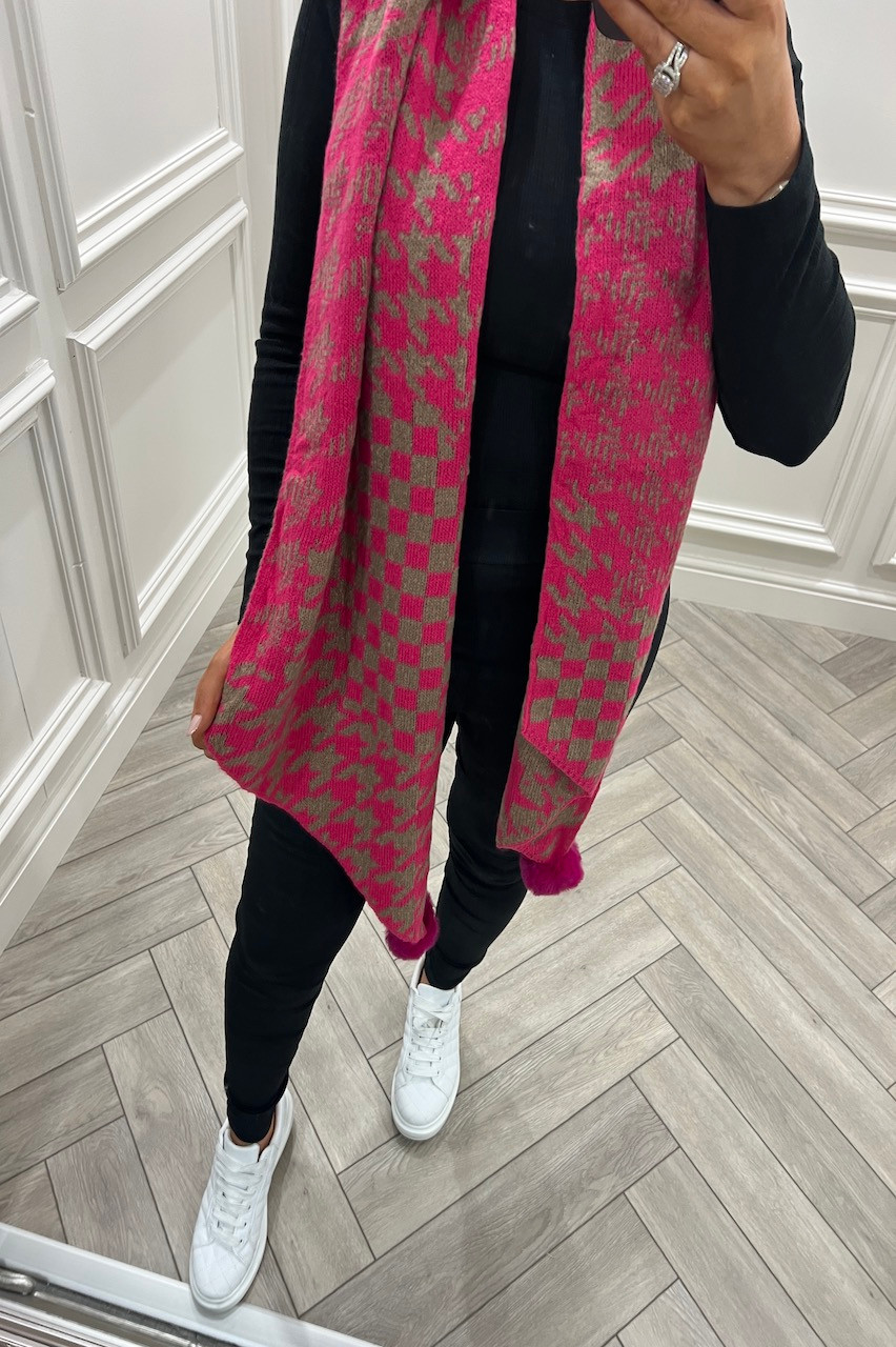 Pink Houndstooth Scarf With Faux Fur Pom Pom - Want That Trend