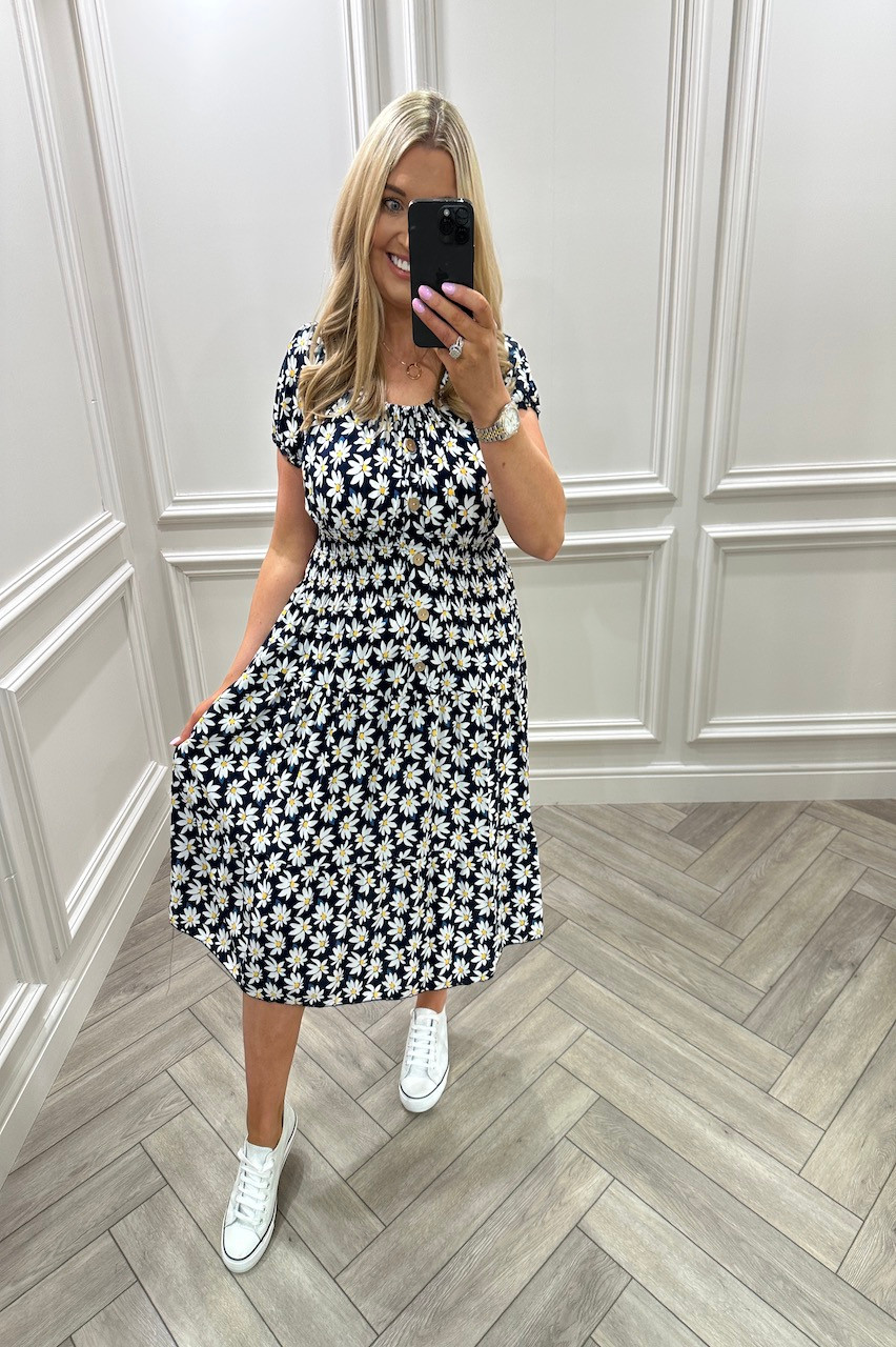 Navy Daisy Floral Shirred Midi Dress - Want That Trend