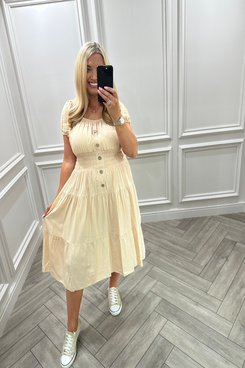 Elvira Stone Blue Shirred Midi Dress Want That Trend