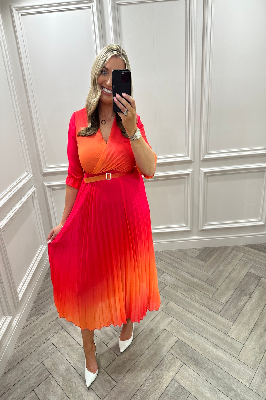 Victoria Red, Orange & Pink Ombre Pleated Midi Dress - Want That Trend
