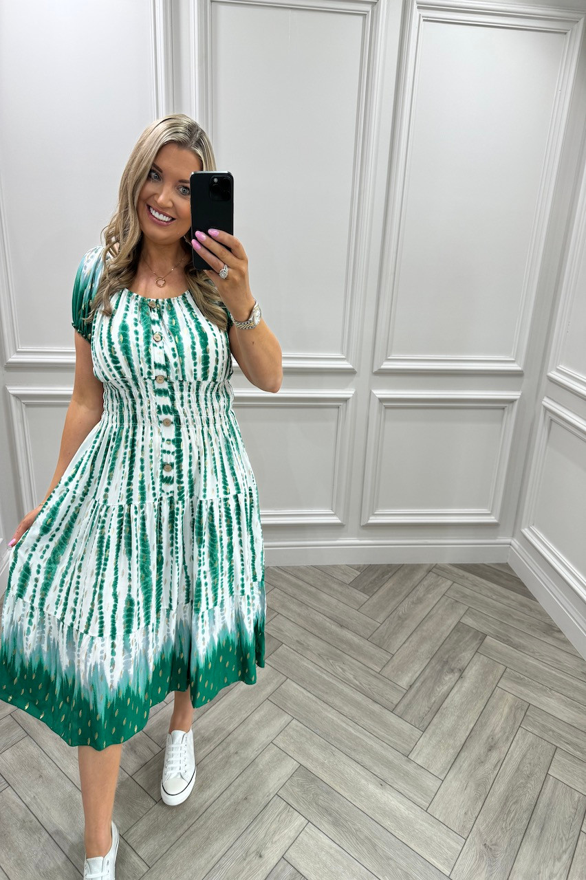 Green Porcelain Tie Dye Effect Shirred Midi Dress - Want That Trend