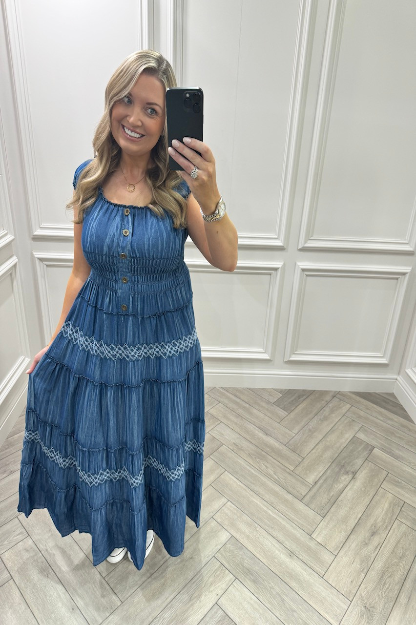 white christmas dresses Women’s Layers Denim Maxi Dress with Tiered Silhouette – Wash Lab Deep Blue / L