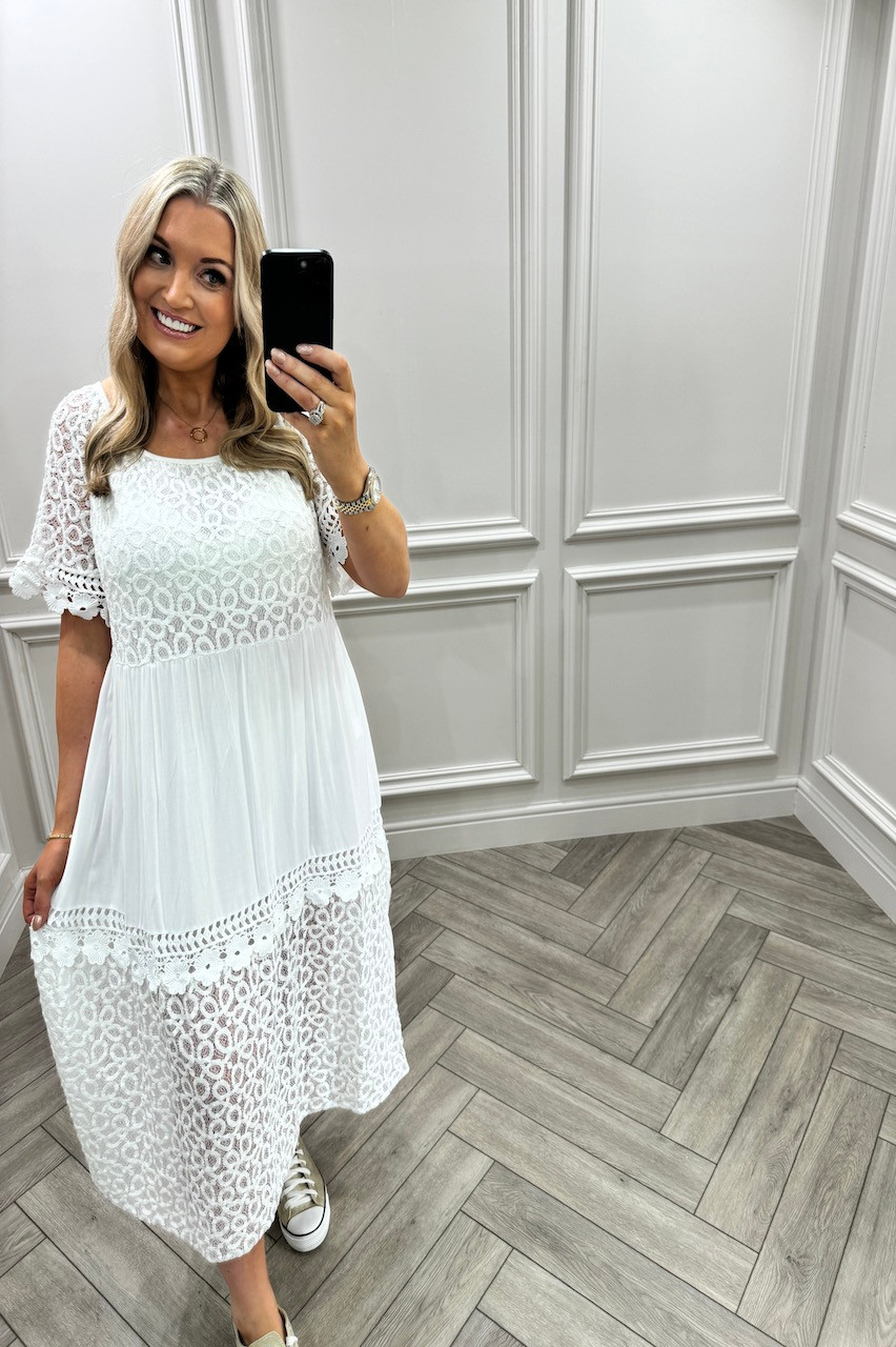 Palm Island Collared Crochet Midi Dress White