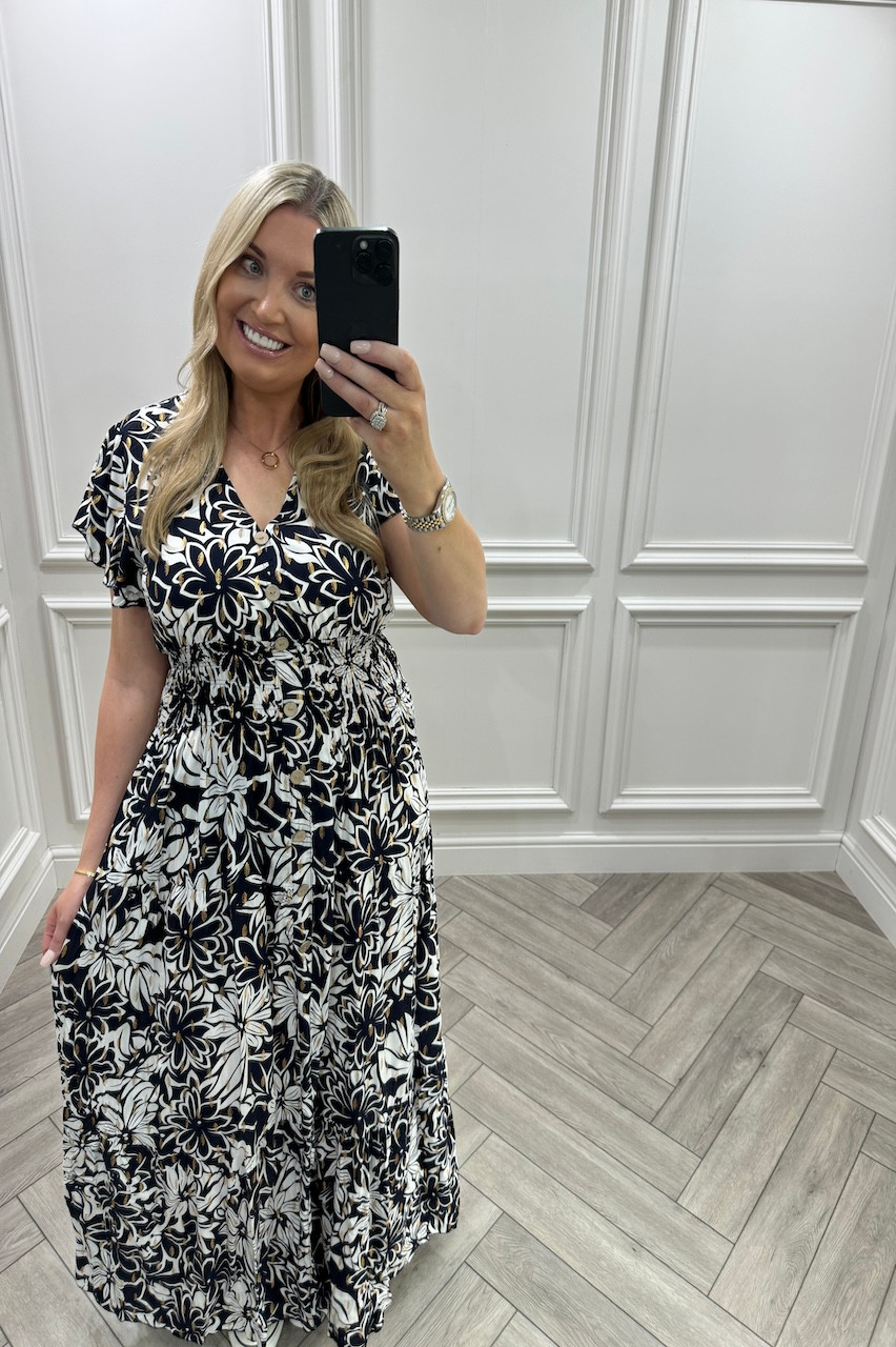 Navy Lucile Floral Shirred Maxi Dress - Want That Trend