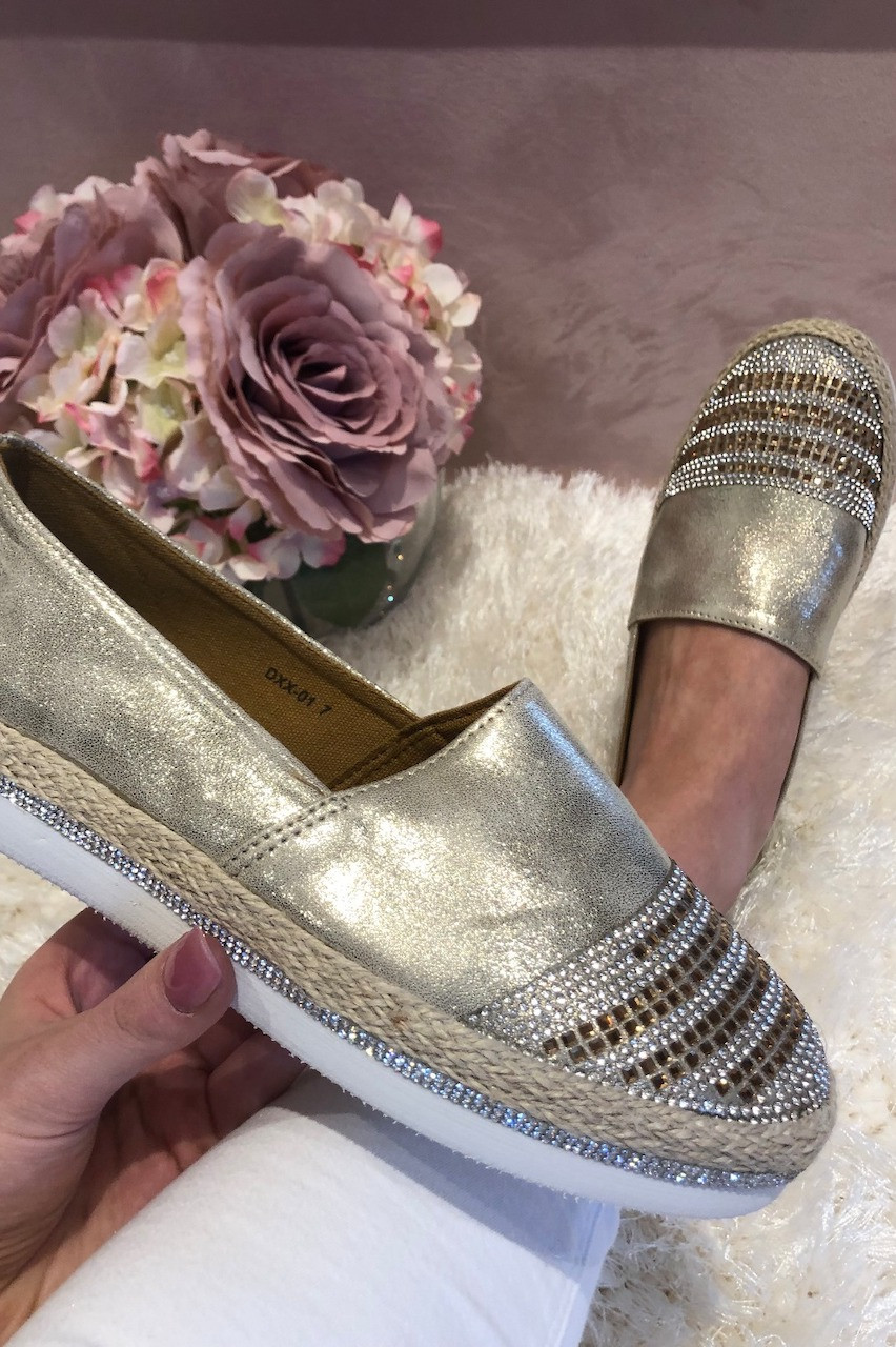 Gold Shimmer Diamante Loafers Want That Trend