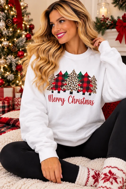 White Tartan & Leopard Christmas Tree Christmas Sweatshirt