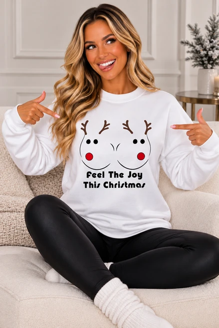 White Reindeer Feel The  Joy  Christmas Sweatshirt