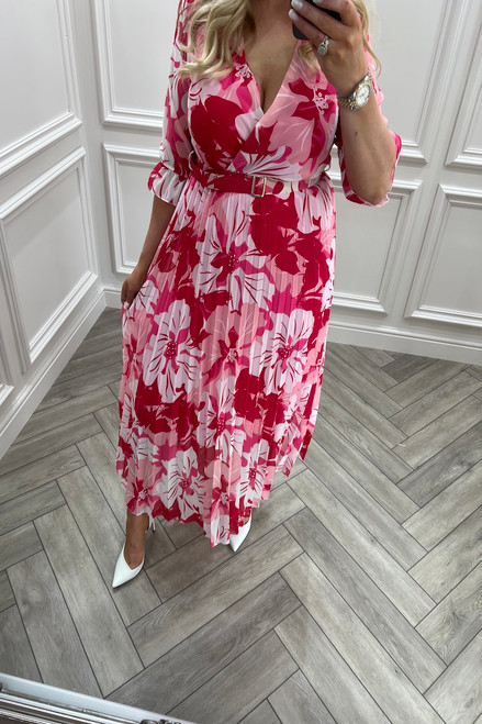 Pink Mediterranean Pleated Midi Dress