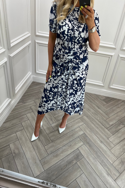 Luna Navy & White Floral Ruched Front Midi Dress - Want That Trend