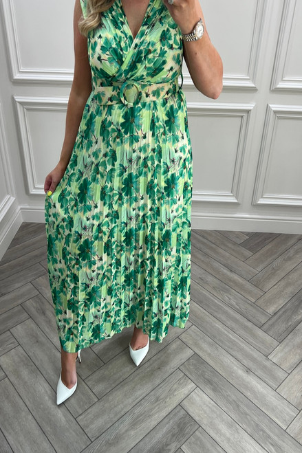 Alesha Green Floral Pleated Midi Dress
