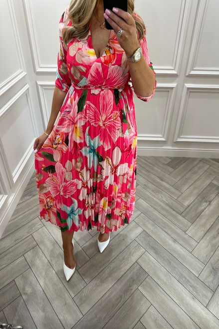 Pink Lucinda Foral Print Chiffon Pleated Belt Midi Dress - Want That Trend