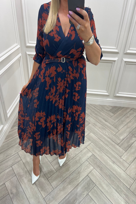 Doreen Navy Pleated Midi Dress