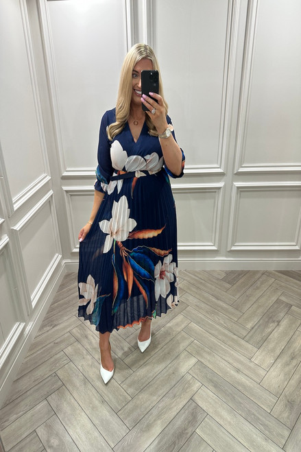 Navy Blooming Floral Print Pleated Midi Dress