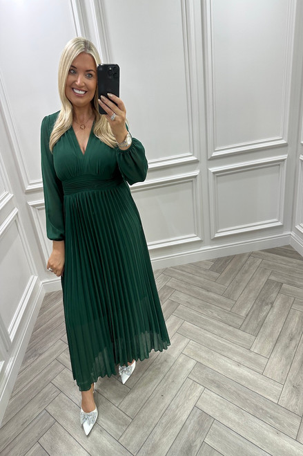 Lux Emerald Glamour  Pleated  Midi  Dress