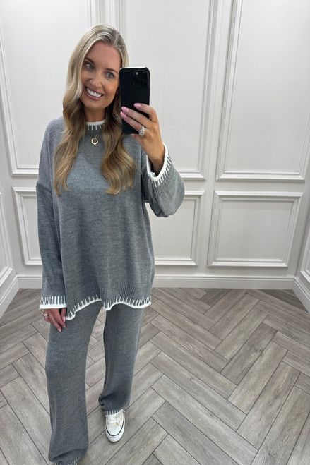 Lucia Grey Contrast Stitch Detail Loungewear Set
