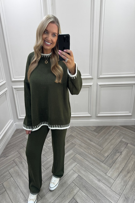 Lucia Khaki Contrast Stitch Detail Loungewear Set