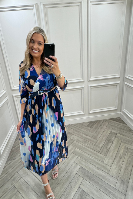 Lux Navy Fawn Leopard Pleated Midi Dress