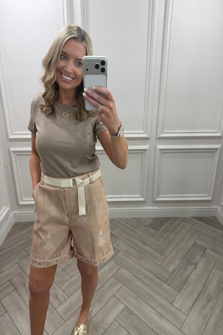 Beige Alexandra Pattern Shorts With Belt