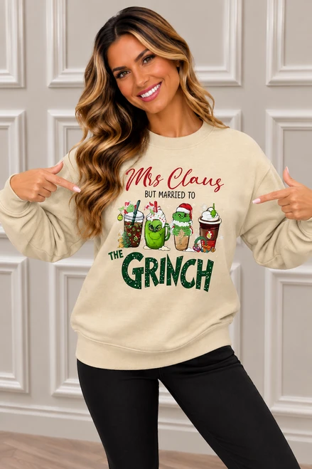 Beige Mrs Claus But Married To The Grinch Christmas Sweatshirt 