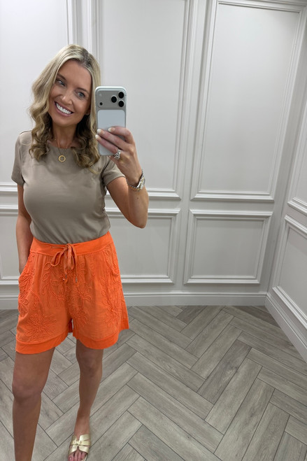 Orange Vacay Embroidered Cotton Shorts 