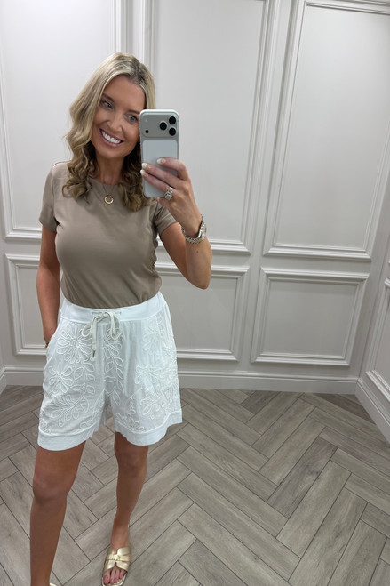 White Vacay Embroidered Cotton Shorts 