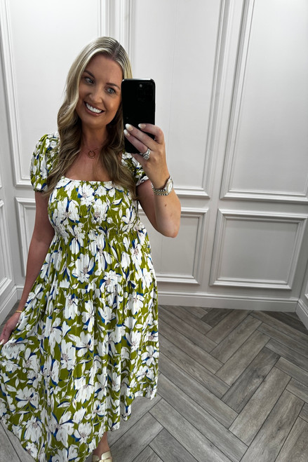 Khaki Phoebe Floral Shirred Midi Dress