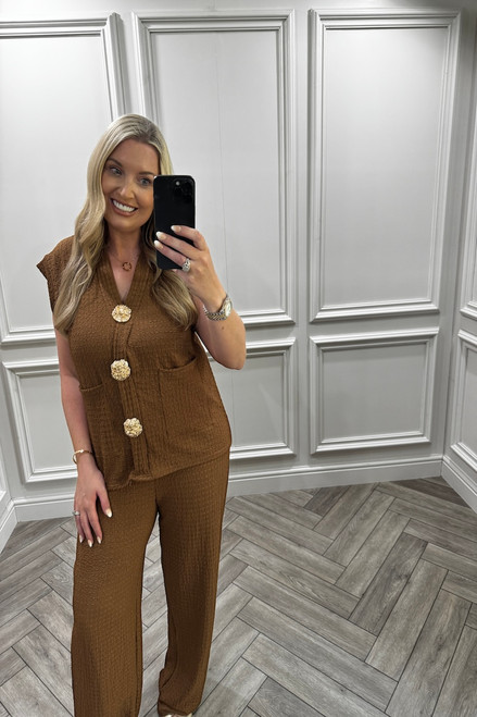Brown Zoey Gold Button Trouser Set