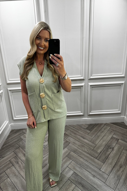 Sage Zoey Gold Button Trouser Set