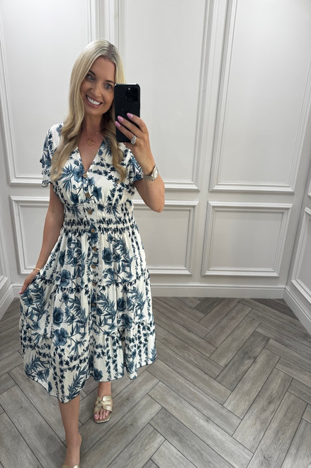 Odette Navy Shirred Midi Dress