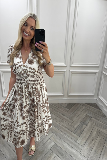 Odette Beige Shirred Midi Dress