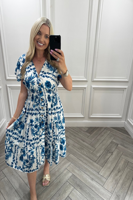 Odette Royal Shirred Midi Dress